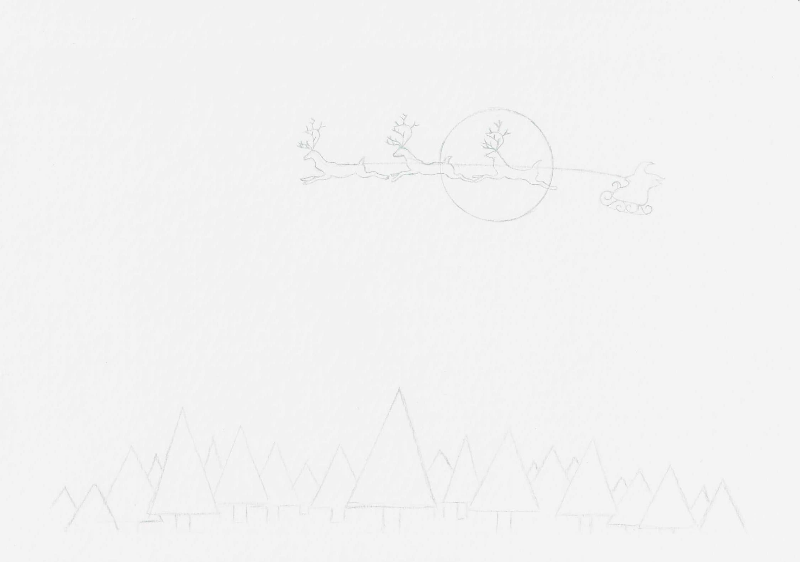 전나무 숲 위에 보름달을 가로지르는 썰매를 탄 산타의 그림 도안