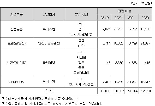 뷰티스킨 주요 제품 매출현황