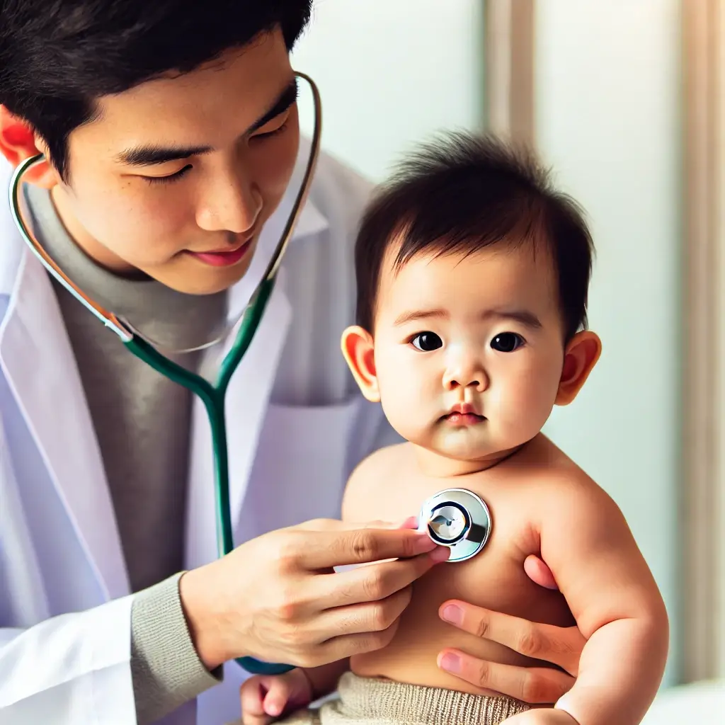 병원에서 의사의 진료를 받는 아기. 진찰을 받으며 차분한 아기의 모습