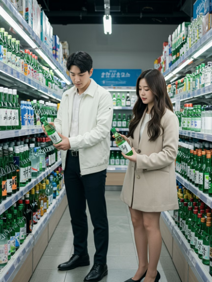 매장에서 소주 칼로리와 도수를 보고 있는 남성과 여성
