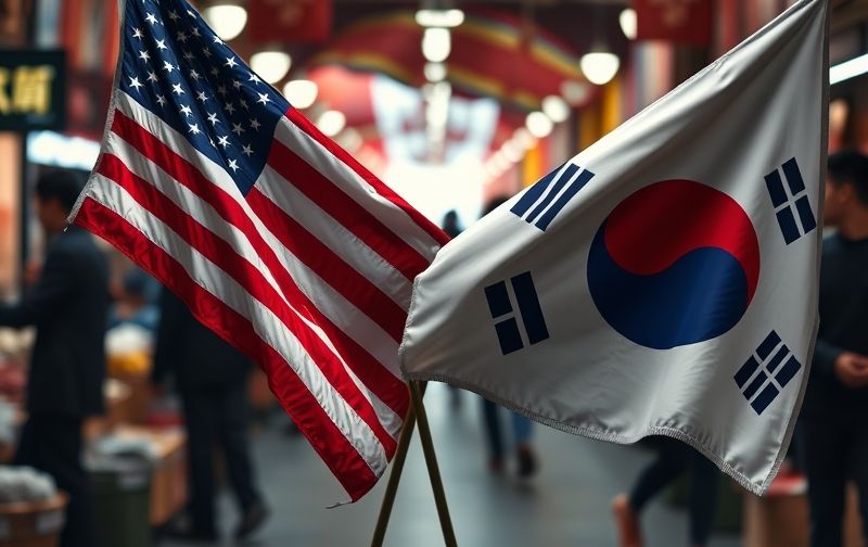 미국과 한국 국기가 겹쳐진 무역 긴장 이미지