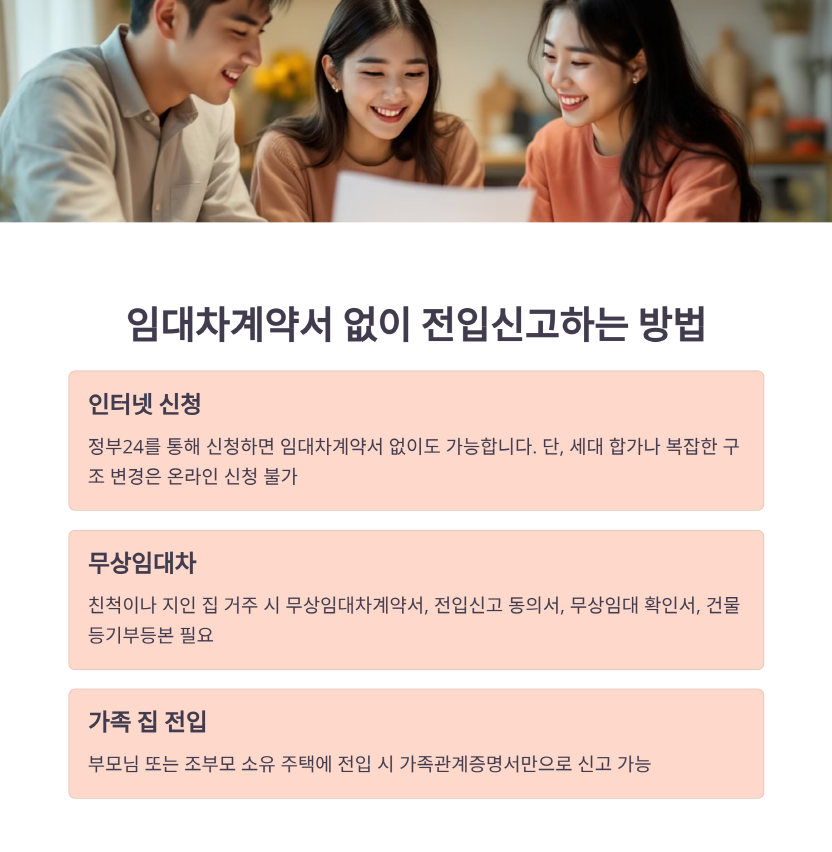 임대차계약서 없이 전입신고하는 방법 – 인터넷 신청, 무상임대차, 가족 집 전입 시 각각 필요한 절차 안내.