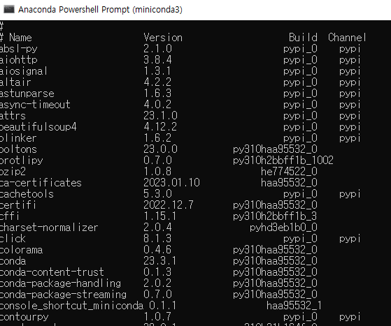아나콘다 가상환경에 설치된 패키지 리스트 확인 화면