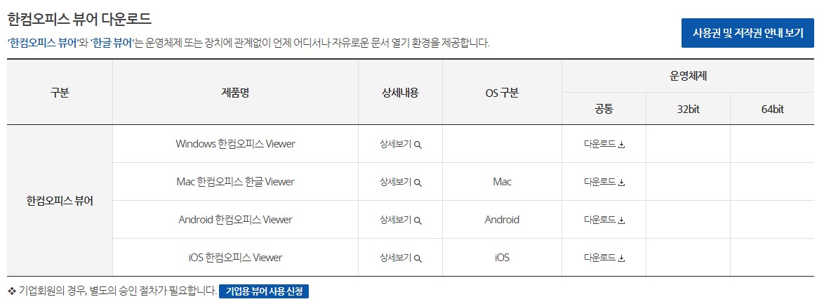 한컴오피스 2022 뷰어 Mac용, Android용 다운로드