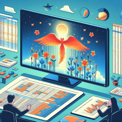 대형 스크린에 불새가 나타난 데이터 시각화