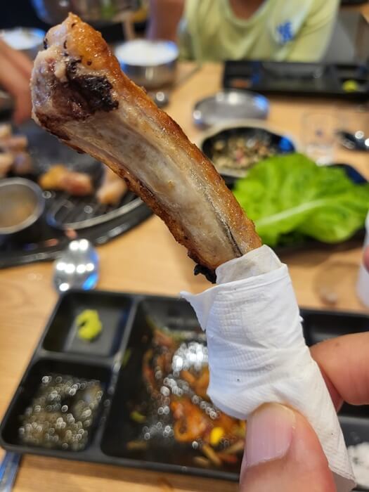 크라운돼지, 돈마호크 뼈를 밝아 먹는 모습
