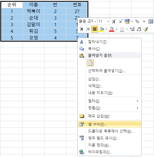셀 마우스 우-클릭 > 셀 서식