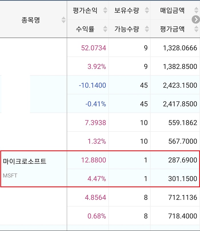 미국주식-마이크로소프트-주식-잔고