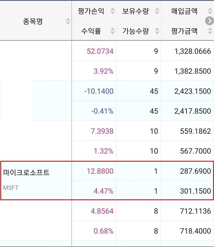 미국주식-마이크로소프트-주식-잔고