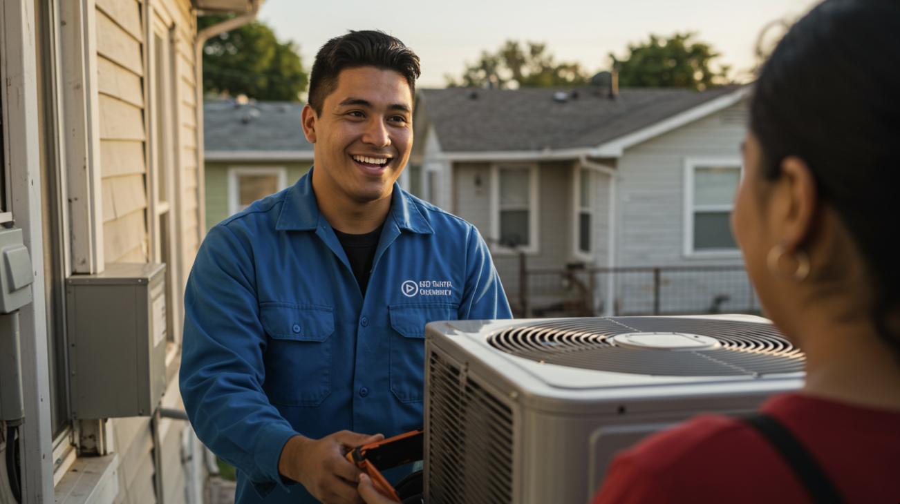 Smiling while installing air conditioners in low-income homes