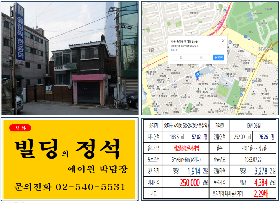  [송파구 삼거리 20억 꼬마빌딩 실거래가 조회] 방이동 58-24 (몽촌토성역) 25억 원, 평당 4,384만 원, 방이동 먹자골목 꼬마빌딩,