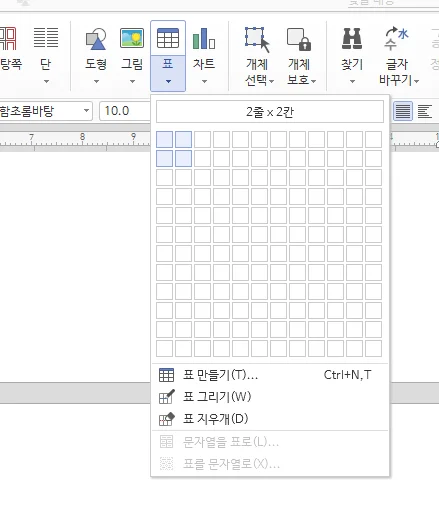 한글에서 표를 삽입하는 모습
