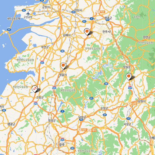 전북 지역의 요소수 거점 주유소의 위치를 지도에 나타낸 화면을 캡쳐한 그림