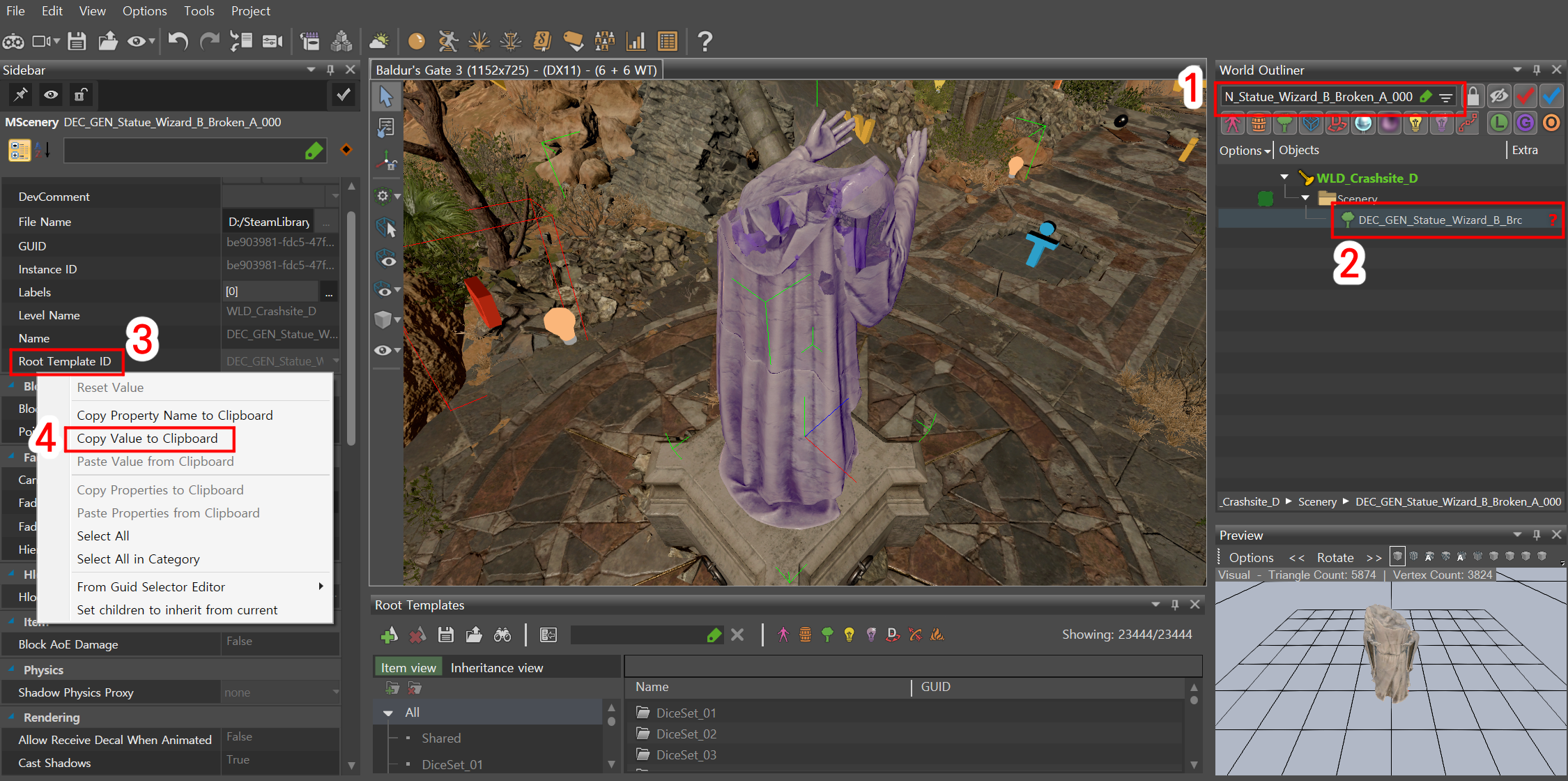 발더스 게이트 3 툴킷에서 특정 오브젝트의 Root Template ID 값을 복사하는 화면