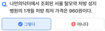 2025년 3월 26일_나만의닥터 건강퀴즈_Question_나만의닥터에서 조회된 서울 탈모약 처방 성지 병원의 1개월 처방 최저 가격은 960원이다.