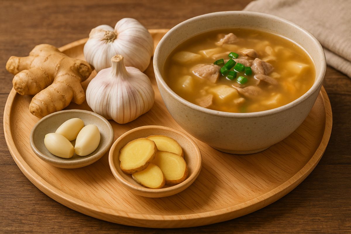 냉방병 회복에 좋은 생강&amp;#44; 마늘&amp;#44; 따뜻한 국이 포함된 건강식