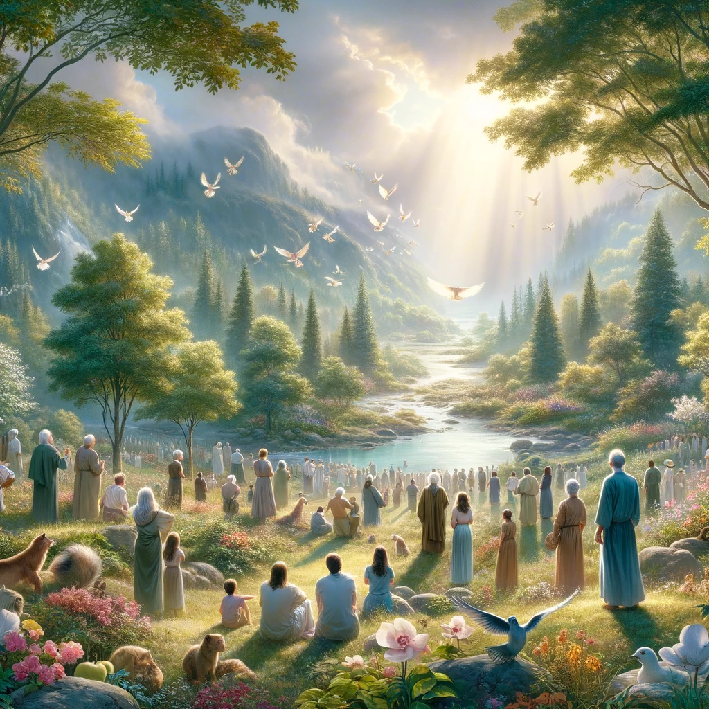 Here is the image depicting a serene scene where people admire the glory of God through His creation. The setting includes a beautiful natural landscape with a diverse array of plants and animals, with individuals from different backgrounds engaged in moments of reflection and praise. This image captures the deep connection between nature, spirit, and the divine, symbolizing a time of recognizing and celebrating God's glory. Please take a look at the visual representation.