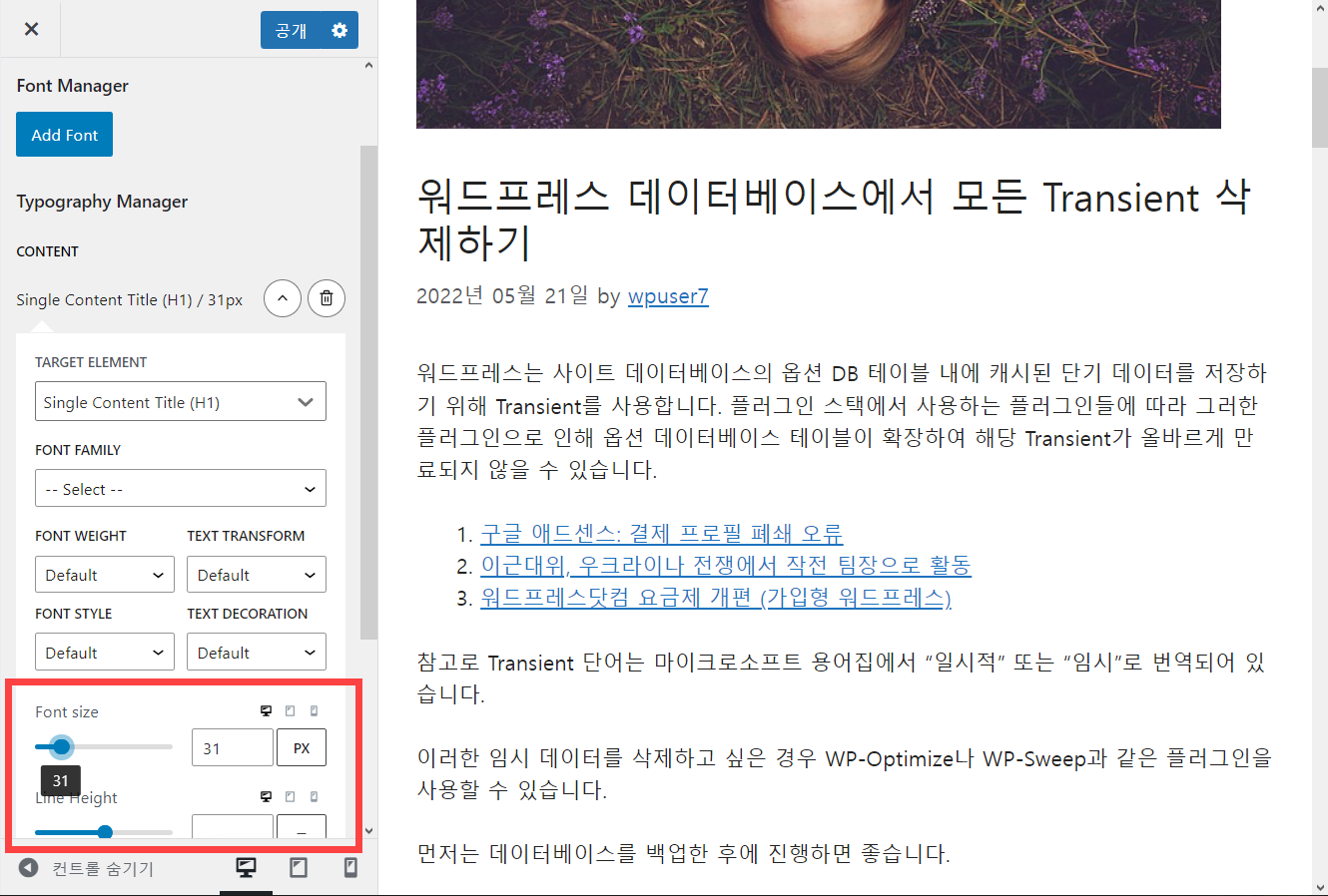 워드프레스 GeneratePress 제목 글자 크기 변경하기