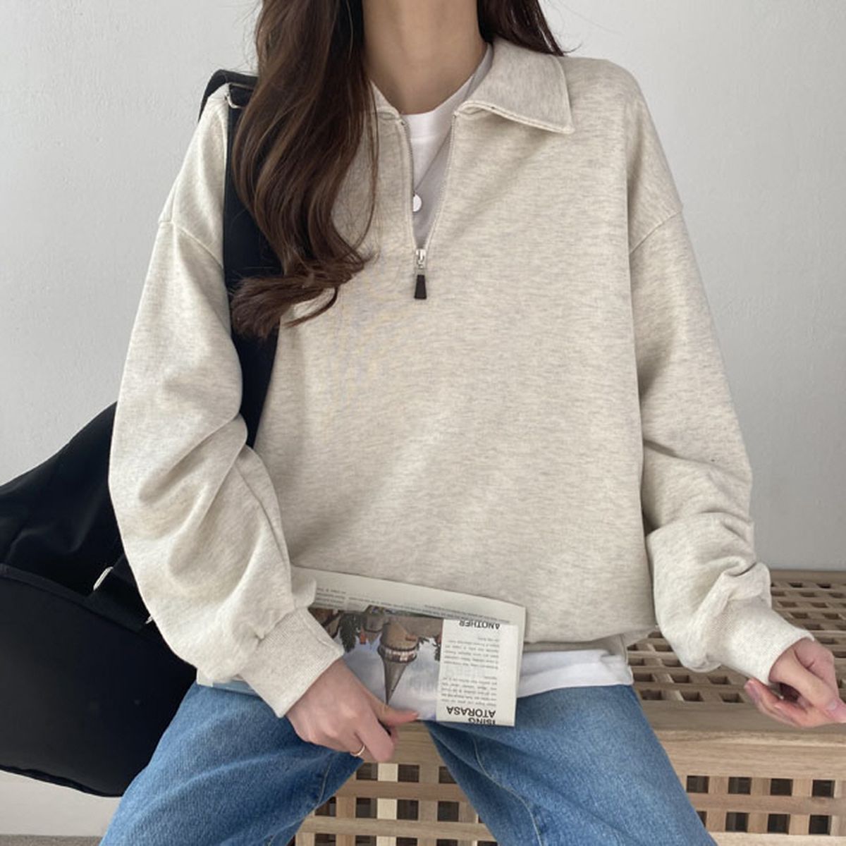 데일리룩 반집업 카라 맨투맨 스윗라떼 2