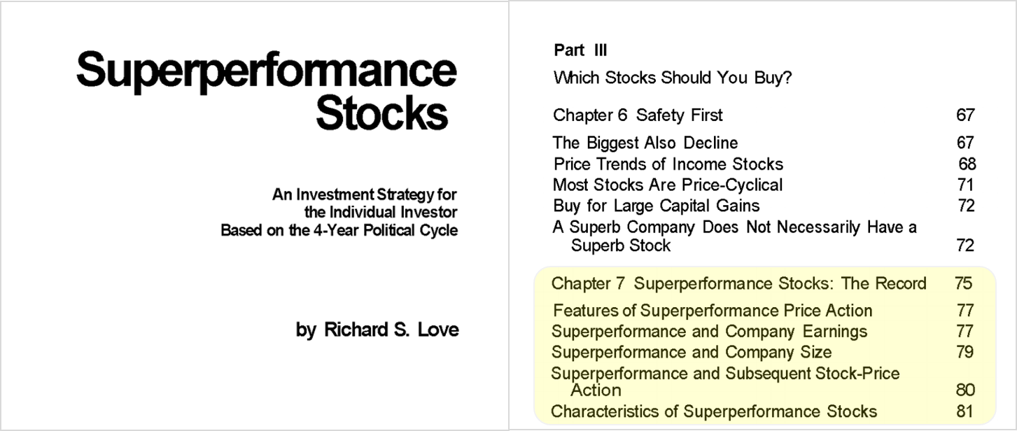 리차드 러브 슈퍼 퍼포먼스 주식 (Superperformance Stocks) 표지 및 목자 일부