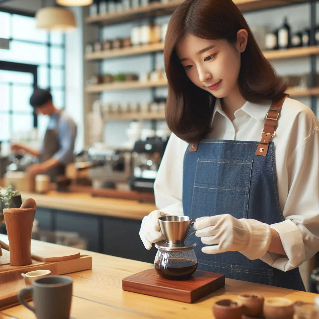 30대 한국인 여성 바리스타가 커피숍 분위기의 장소에서 커핑을 하고 있는 이미지