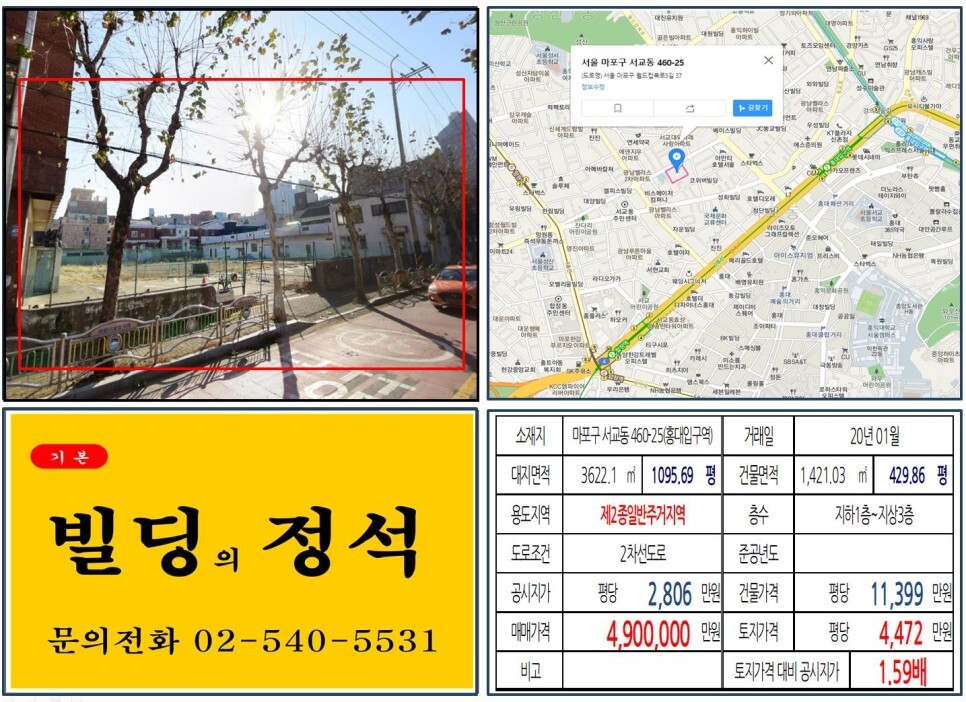  [마포구 아파트, 오피스텔 신축부지 500억 빌딩 실거래가 조회] 서교동 460-25 (홍대입구역) 490억 원, 평당 4,472만 원 매매되었