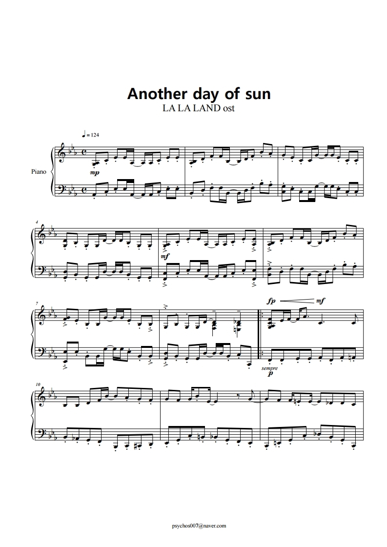 라라랜드 피아노 악보 another day of sun 입니니다. 무료악보 / pdf악보 /