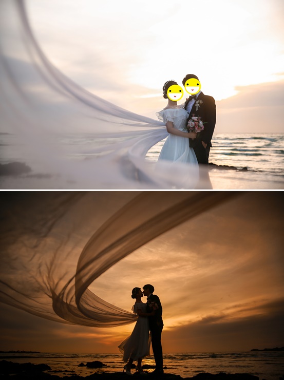 해변에서-면사포가-휘날리며-웨딩스냅촬영하는-커플