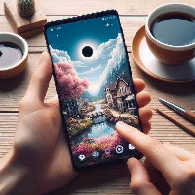 카페에서 음료와 함께 찍은 풍경 사진