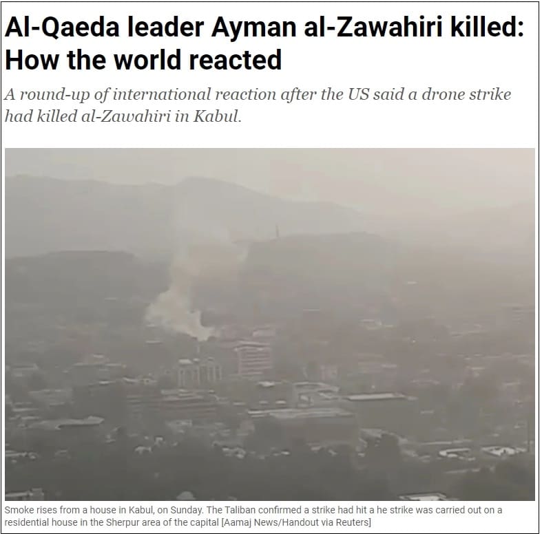  미군, 빈 라덴의 후계자 알카에다 수장 ' 아이만 알자와히리' 제거 VIDEO: Al-Qaeda leader Ayman al-Zawahiri killed: How the world reacted