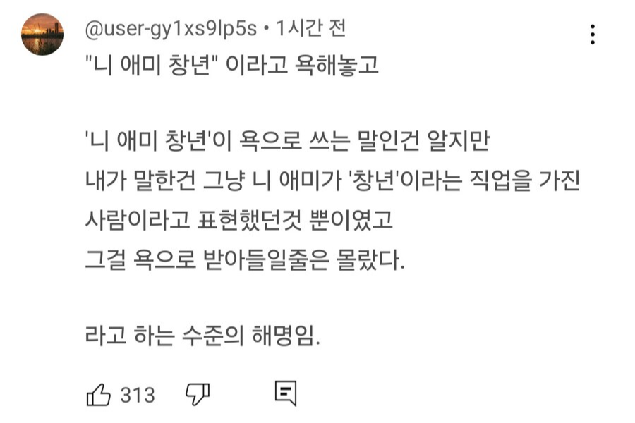 @user-gy1xs9lp5s. 1시간 전
"니 애미 창년" 이라고 욕해놓고
'니 애미 창년'이 욕으로 쓰는 말인건 알지만 내가 말한건 그냥 니 애미가 '창년'이라는 직업을 가진 사람이라고 표현했던것 뿐이였고 그걸 욕으로 받아들일줄은 몰랐다.
라고 하는 수준의 해명임.