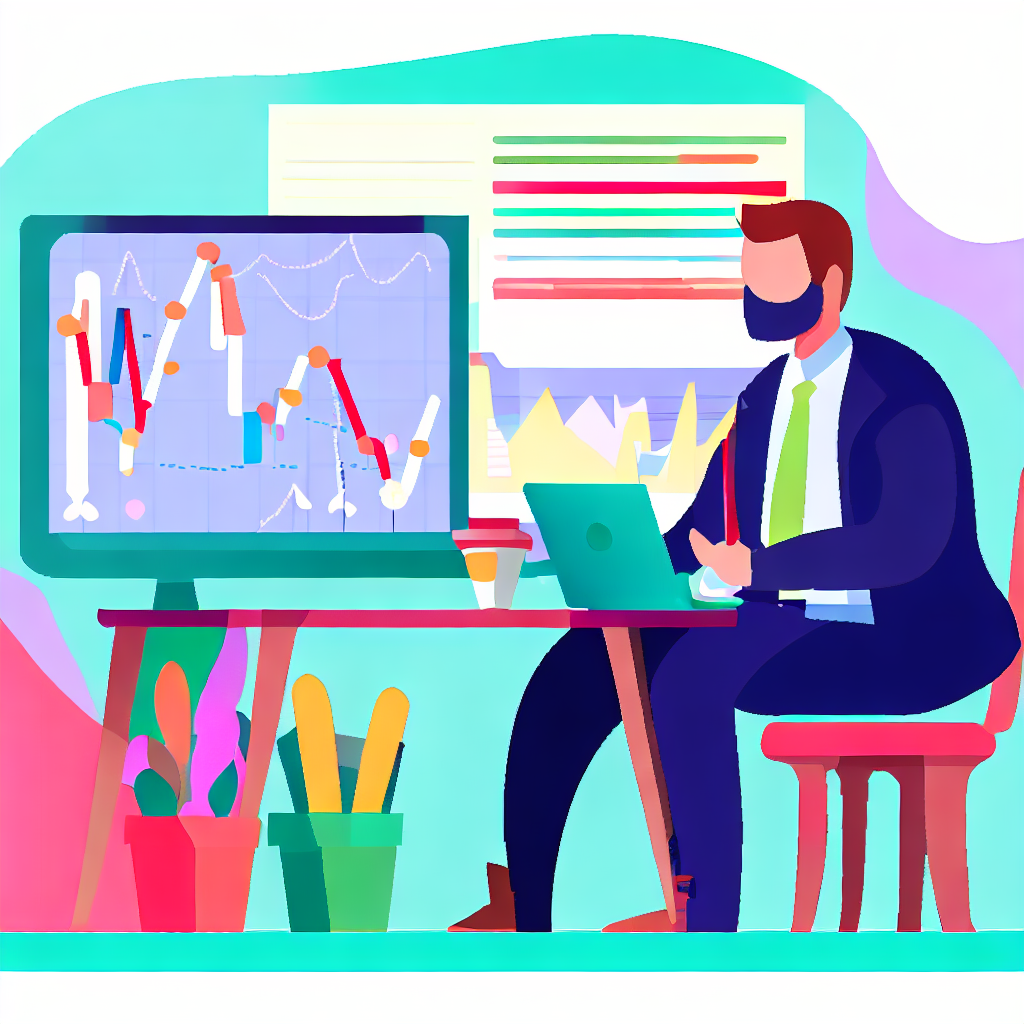 Flat vector style image of a successful investor studying charts and making decisions in the forex market for maximum profit.