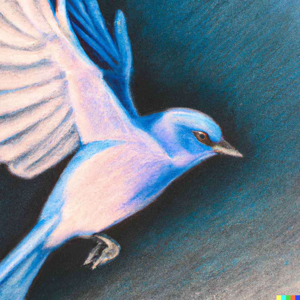 Pastel painting of a flying blue bird