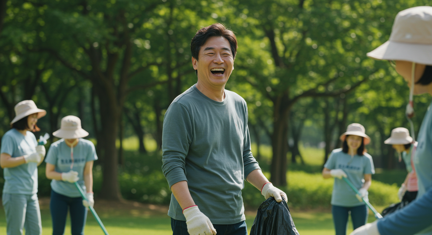 alt=&quot;봉사 활동 중 웃고 있는 남성&quot;
