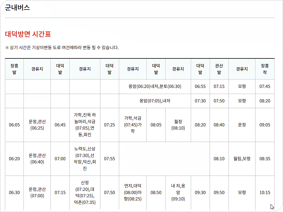 대덕방면 시내버스 시간표