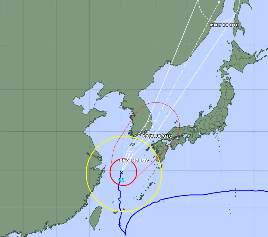 9월 5일 일본 기상청 JMA의 힌남노 태풍 진행 상황 및 진로 예측 경로