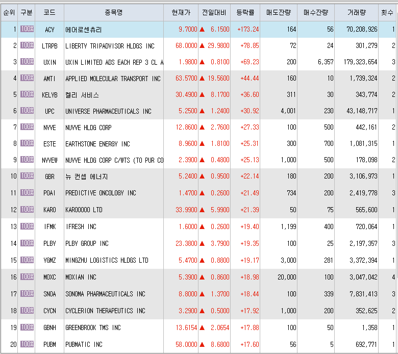  4월1일 미국주식 상승률 상위 종목 TOP 300