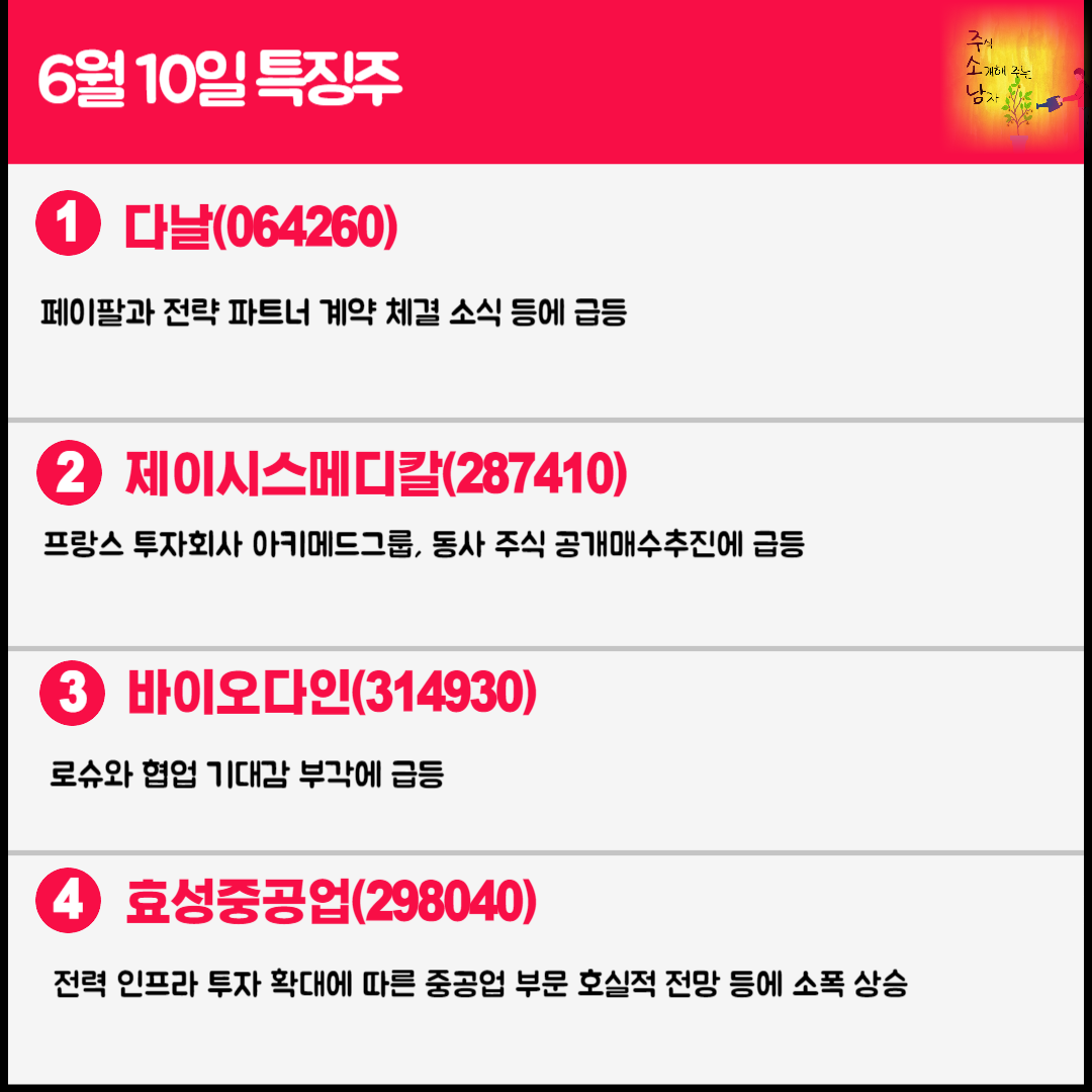 6월 10일 오늘의 특징주