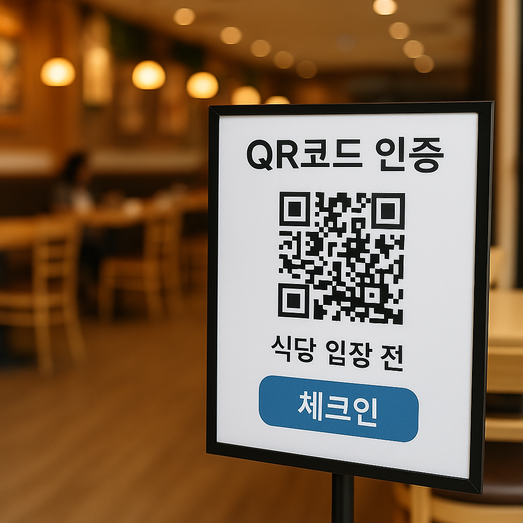 식당 입구에 놓인 QR코드 인증 안내판 모습