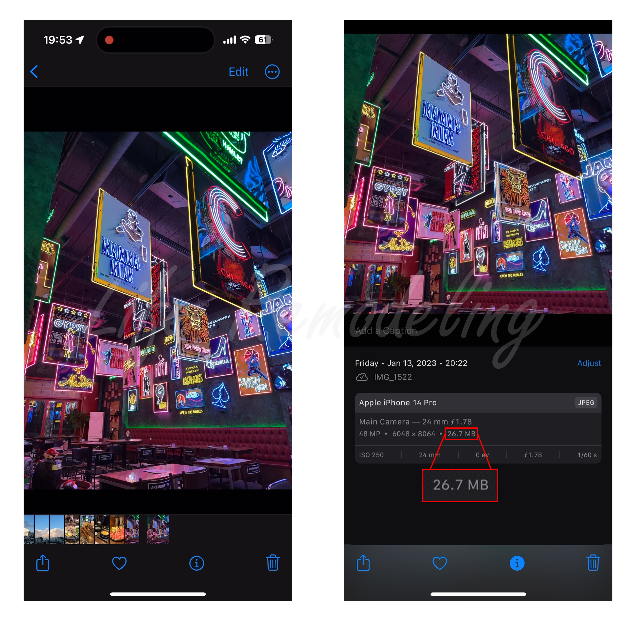 왼쪽 : 변환된 이미지 / 오른쪽 : 변환된 이미지의 정보를 확인한 모습. 26.7MB의 용량을 가졌다.