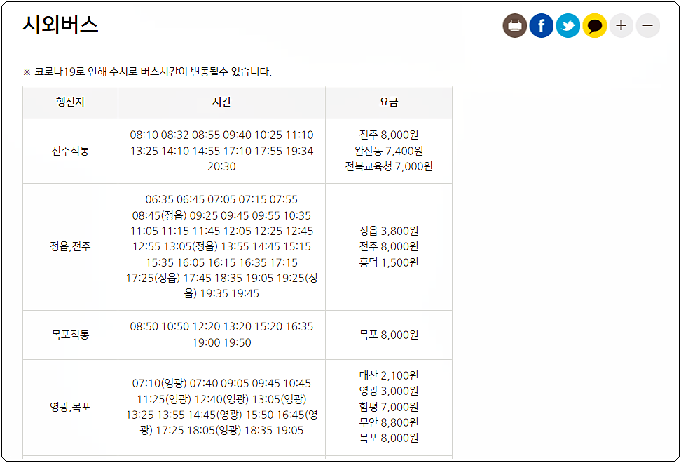  고창군 시외버스터미널 시간표 및 요금