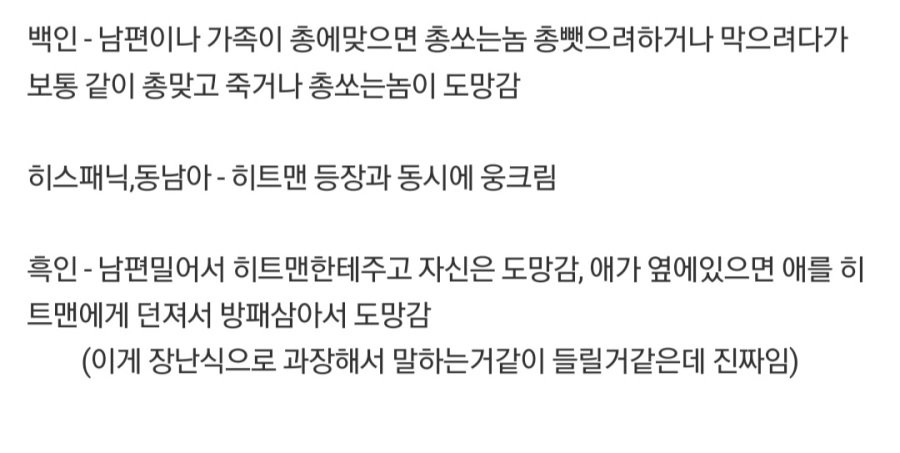  인종 별 총맞았을 때 특징이라고 하네요 ㅋㅋ