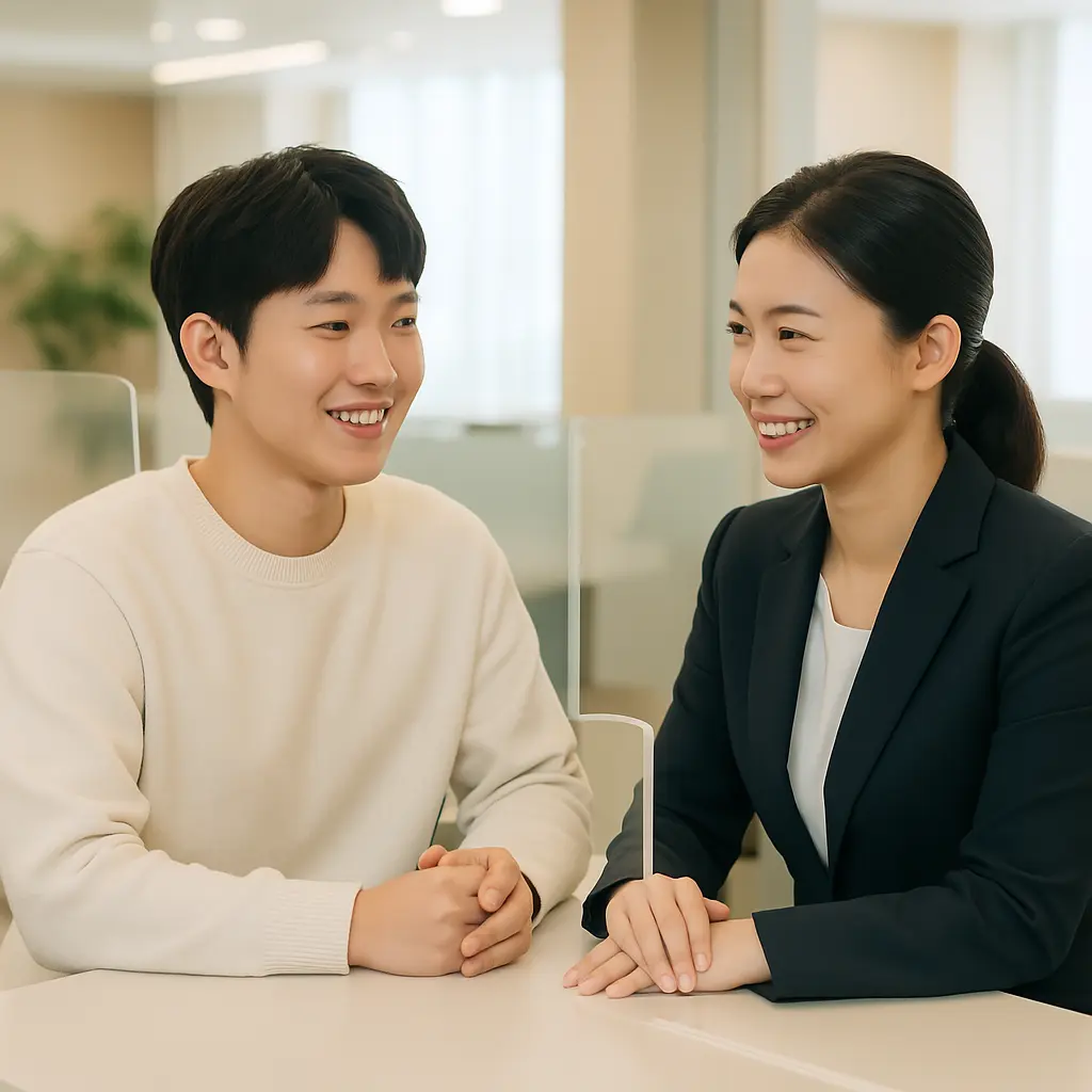 Young adult receiving bank consultation for 청년도약계좌 (청년도약계좌 신청 장면)