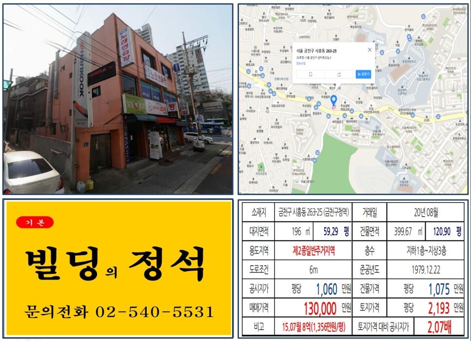  [금천구 난곡선 경전철 10억 올근생 꼬마빌딩 실거래가 조회] 시흥동 263-25 (금천구청역) 13억 원, 평당 2,193만 원 매매되었습니다. 시흥동 은행나무시장, 벽산아파트