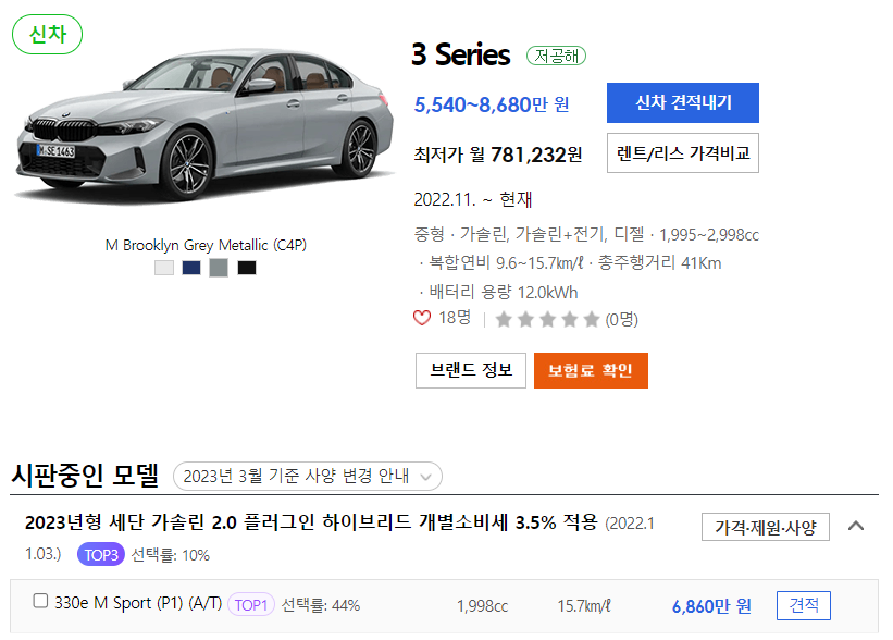 BMW 중형 3Series 하이브리드 가격
