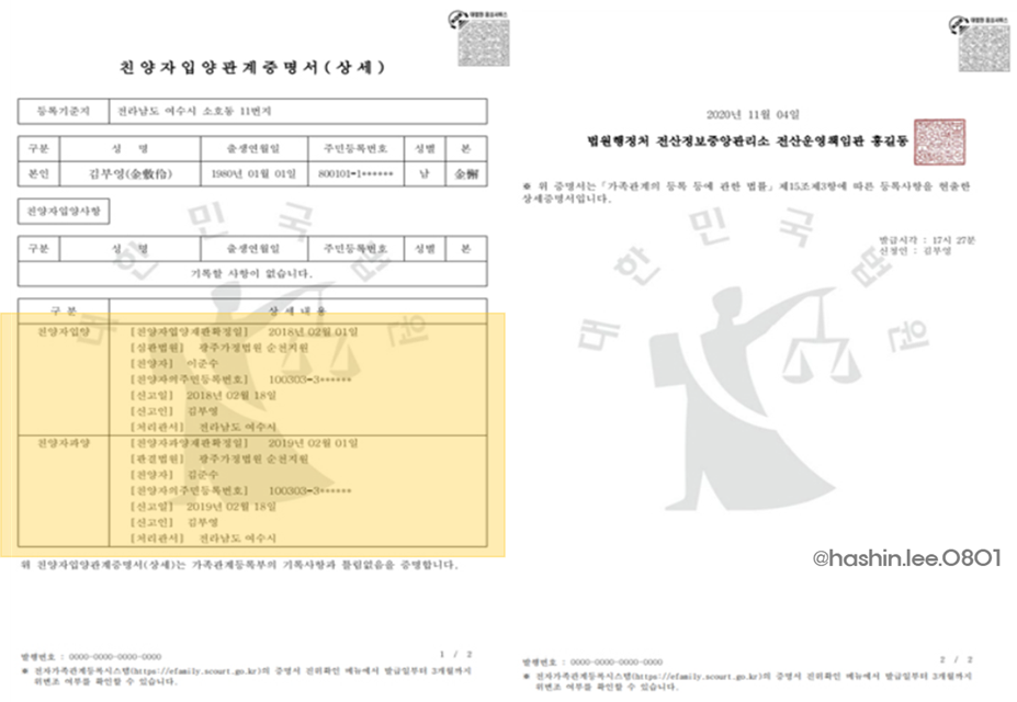 친양자입양관계증명서(상세) 예시