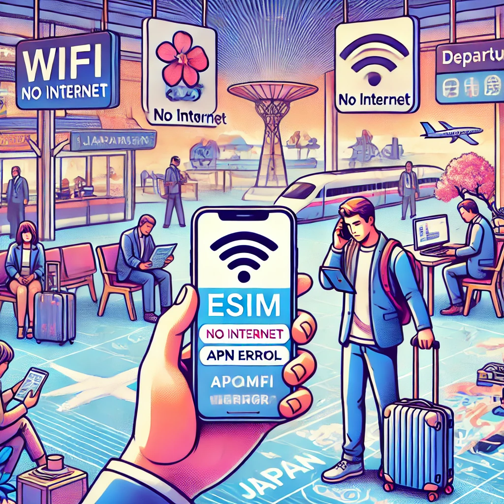 eSIM 설정 오류로 인해 당황하는 여행자 (APN 오류, 인터넷 연결 문제 등