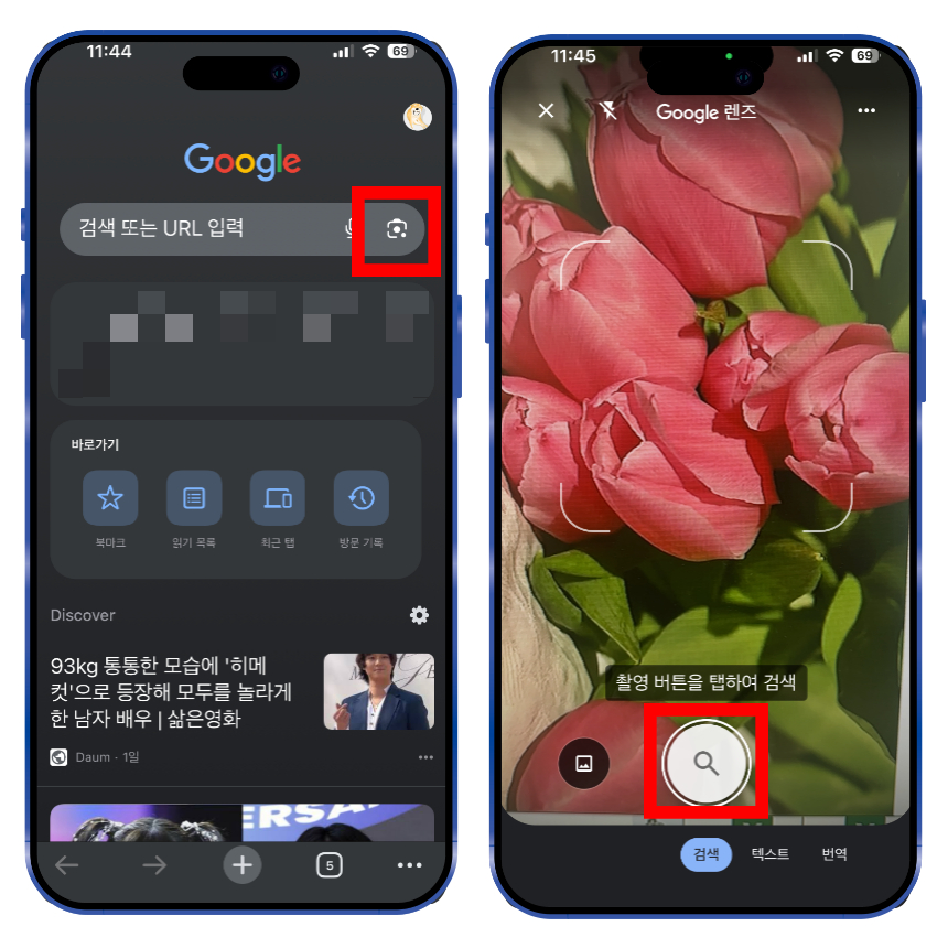 다음은 구글 렌즈를 통해서 꽃이나 식물 이름을 찾는 방법입니다. 브라우저를 통해서 구글 포털 사이트로 들어갑니다. 구글 앱을 실행해도 가능합니다. 이후 검색창 오른쪽에 카메라 아이콘을 누른 뒤 카메라가 실행되면 원하는 꽃 사진을 촬영합니다.