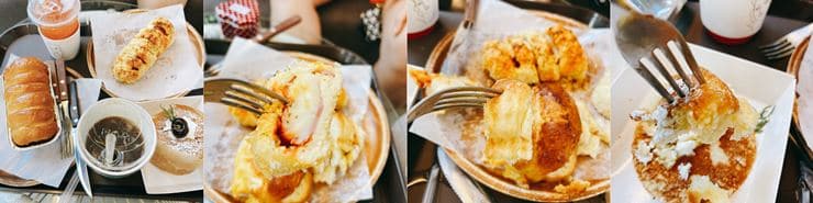 왼쪽첫번째사진-주문한 음료와 베이커리 전체사진-두번째 사진-소세지빵 단면 사진-왼쪽에서 세번째 사진-버터빵 단면사진-오른쪽 사진-생크림케익 단면 사진