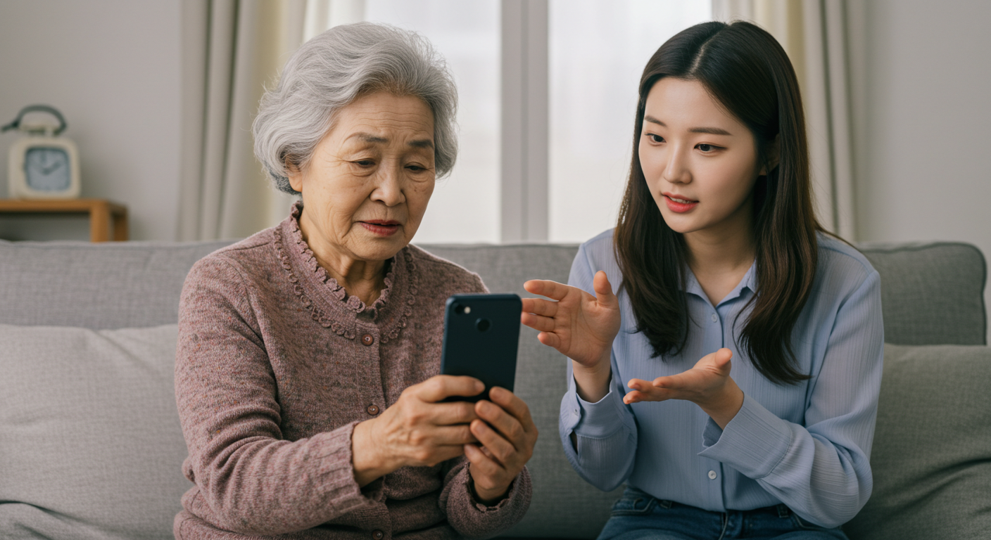 70대 할머니에게 카톡기능을 알려주는 10대 손녀